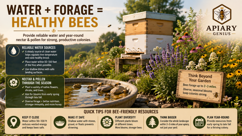 Beehive with a safe water source and diverse flowering plants providing nectar and pollen