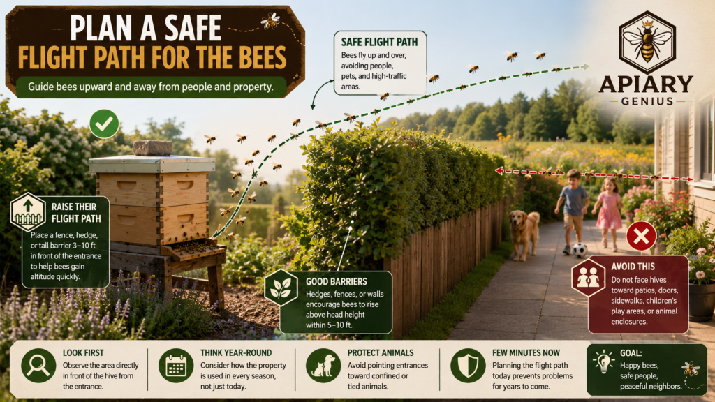 Bees following a safe flight path over a hedge away from people and pets