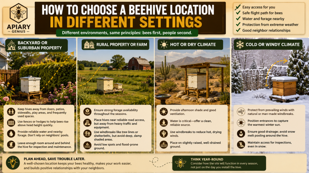 Beehive location comparison for backyard, rural, hot dry, and cold windy settings
