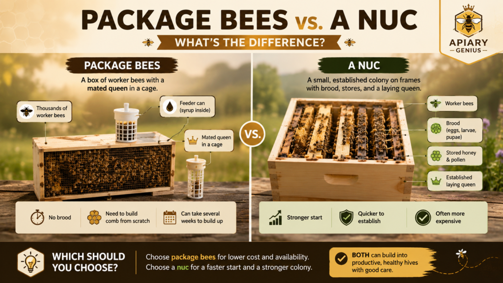 Package bees vs. a nuc comparison showing bees, brood, queen, and food stores