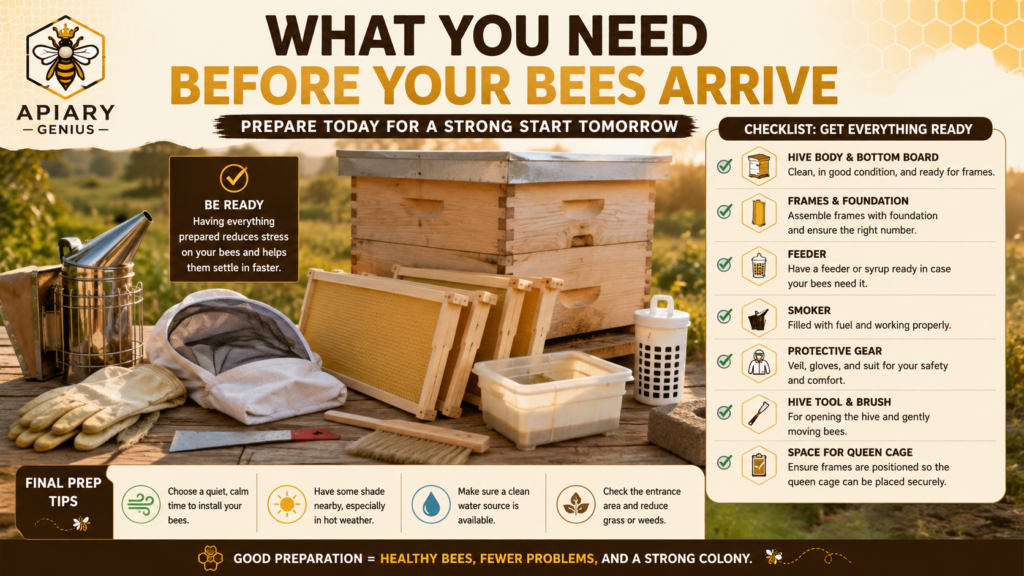 Beekeeping equipment and hive preparation before package bees or a nuc arrive