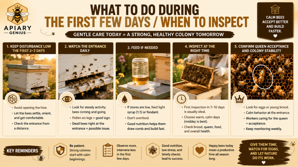 What to do during the first few days after installing package bees or a nuc