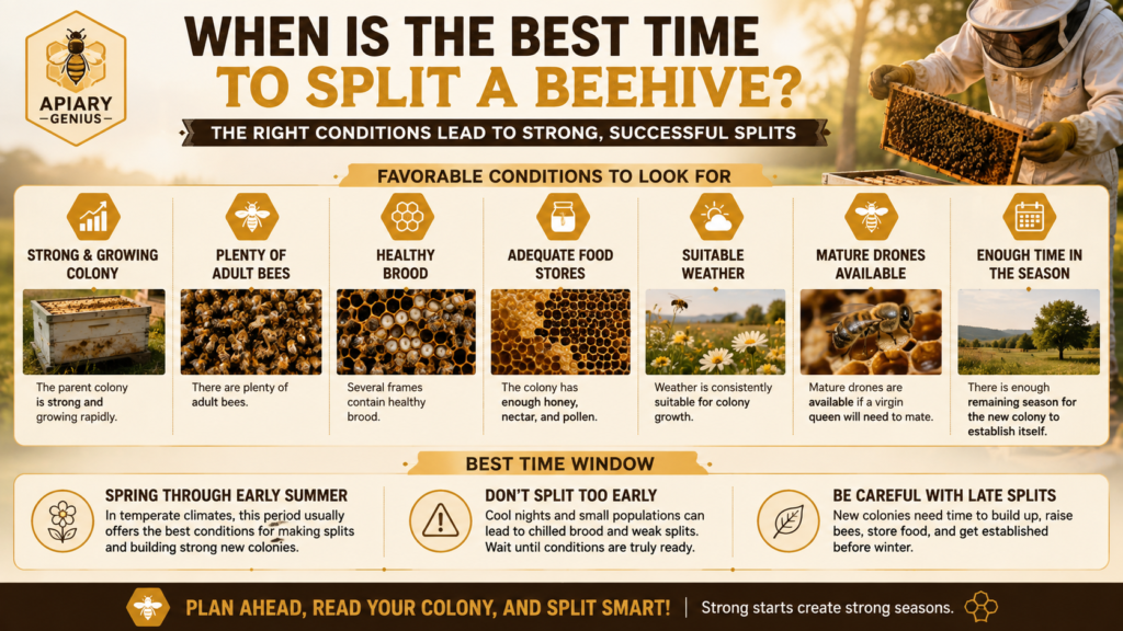 Best time to split a beehive based on colony strength, brood, food, weather, drones, and season