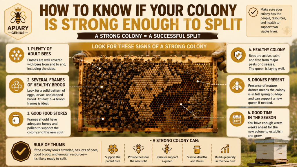 Signs a honey bee colony is strong enough to split, including adult bees, healthy brood, food stores, and colony health