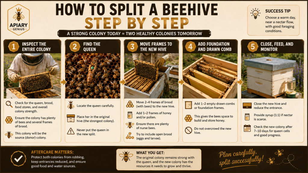 How to split a beehive step by step by inspecting the colony, finding the queen, moving frames, and establishing the new split