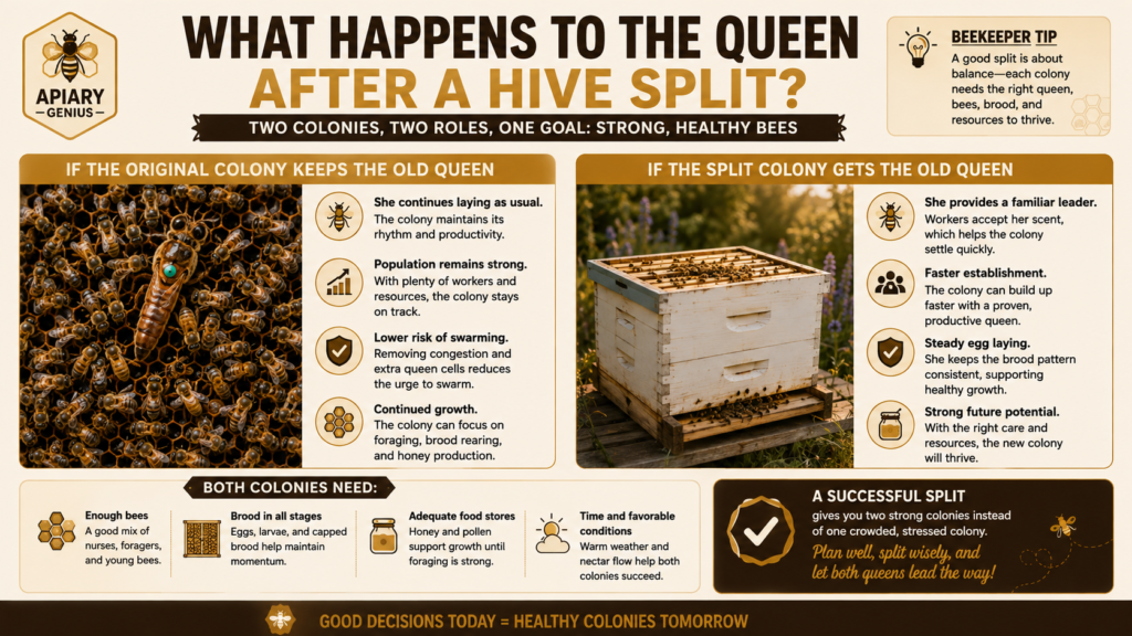 What happens to the queen after a hive split and how the two colonies become queenright