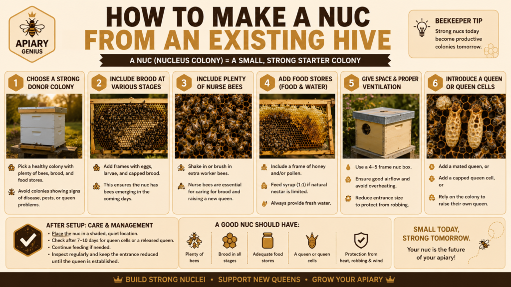 How to make a nuc from an existing hive using brood, nurse bees, food stores, and a queen plan
