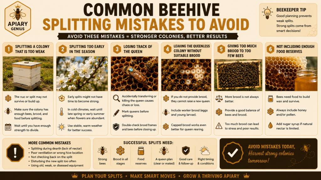Common beehive splitting mistakes including weak colonies, poor timing, queen loss, insufficient brood, and inadequate food