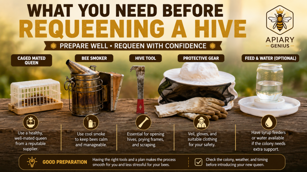 What you need before requeening a hive, including a caged queen, smoker, hive tool, and protective gear