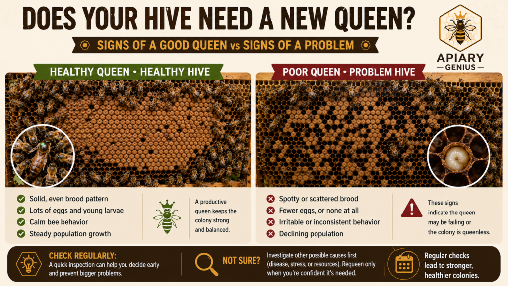 Signs a beehive may need a new queen, comparing healthy and poor brood patterns