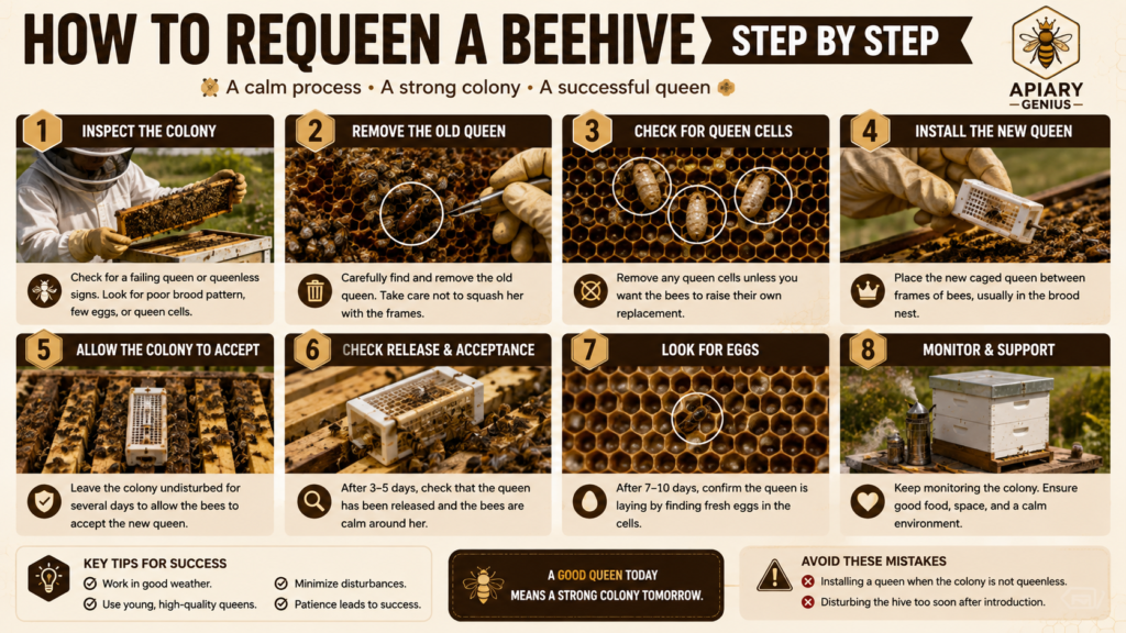 How to requeen a beehive step by step, from removing the old queen to confirming acceptance