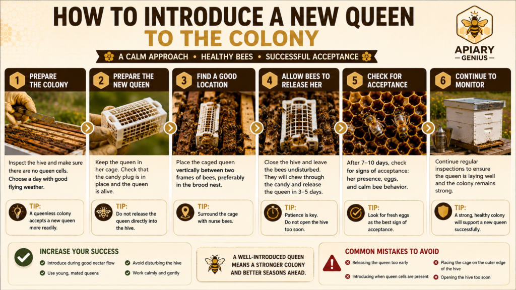 How to introduce a new queen to a honey bee colony using a queen cage