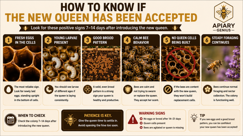 Signs that a new queen has been accepted, including fresh eggs, young larvae, and a healthy brood pattern