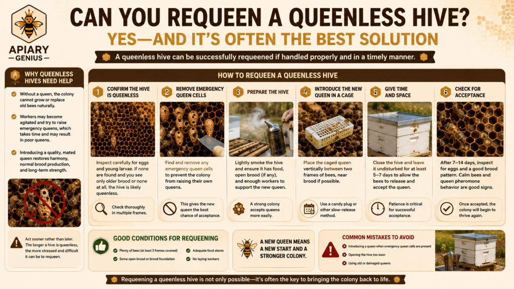 How to requeen a queenless hive by confirming queenlessness and introducing a new queen