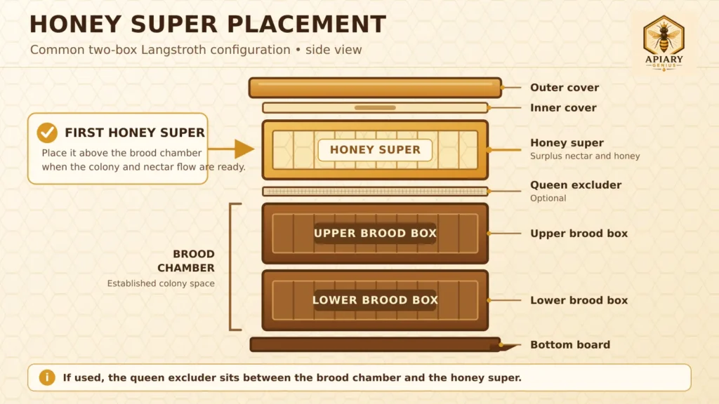 Langstroth hive diagram showing a honey super above two brood boxes with an optional queen excluder