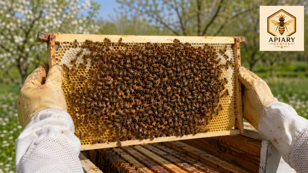 Strong honey bee colony with dense bee coverage, fresh white wax, and incoming nectar