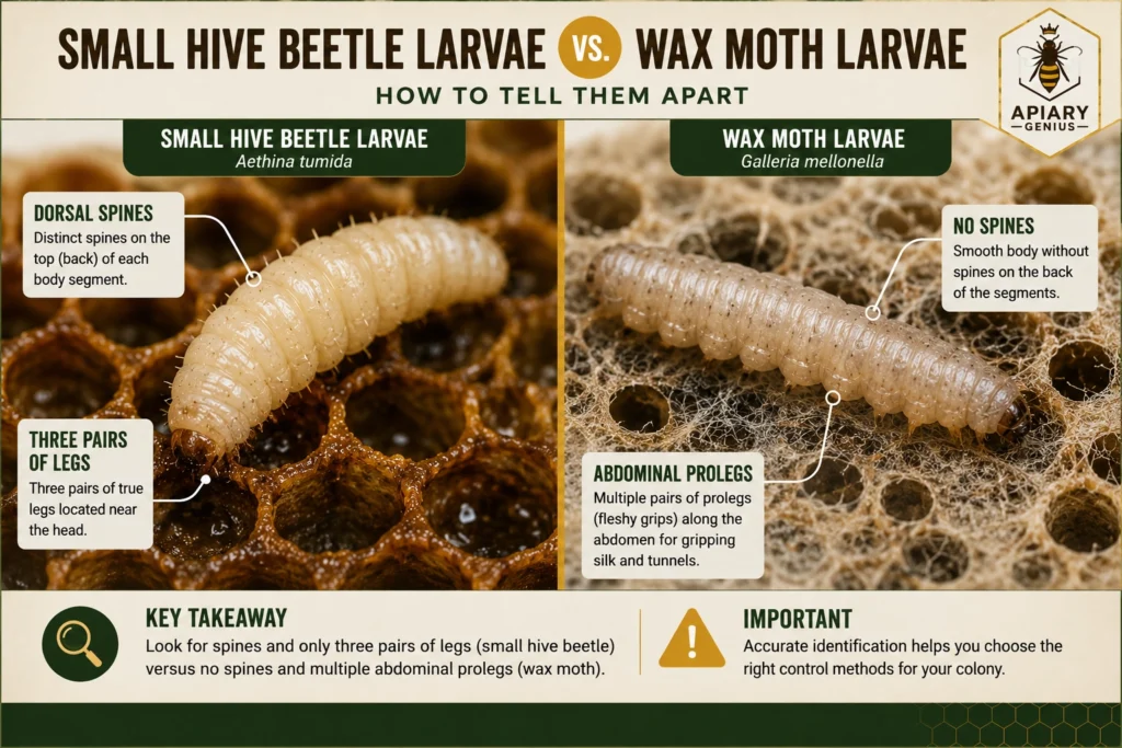 Small hive beetle larvae vs. wax moth larvae identification comparison