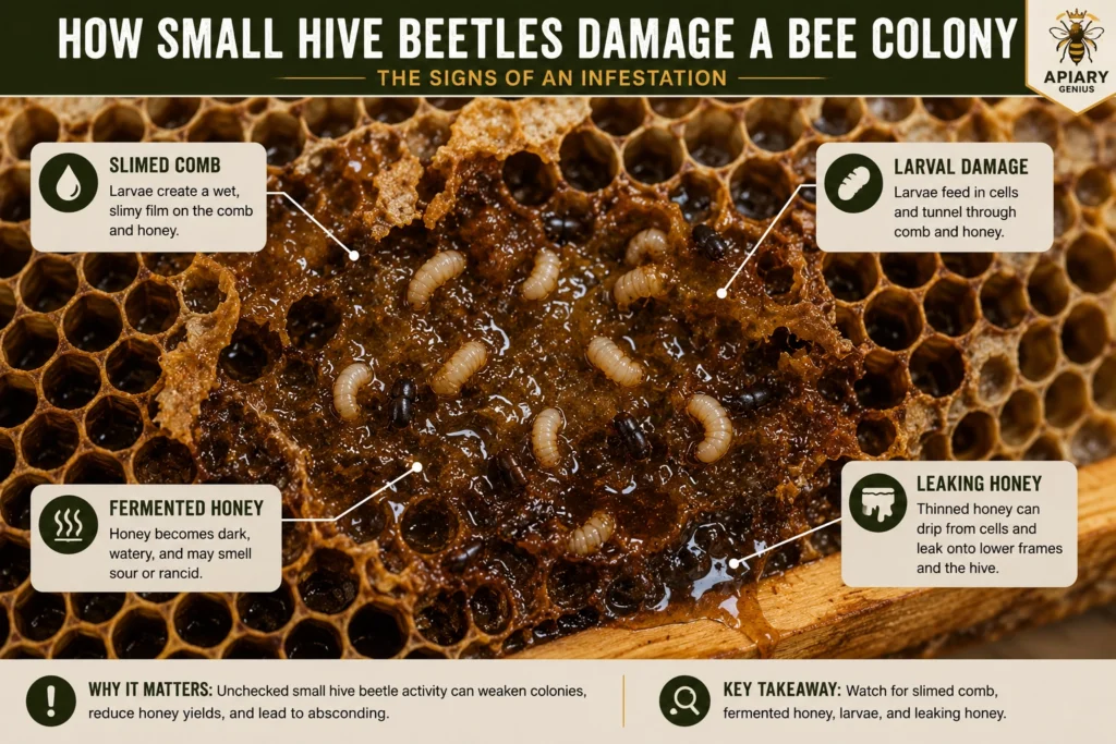 Small hive beetle damage showing larvae, slimed comb, and fermented honey