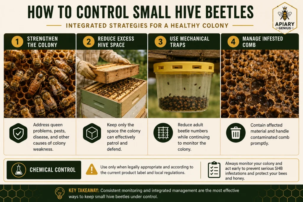 Small hive beetle control methods including colony strength, hive space, traps, and comb management