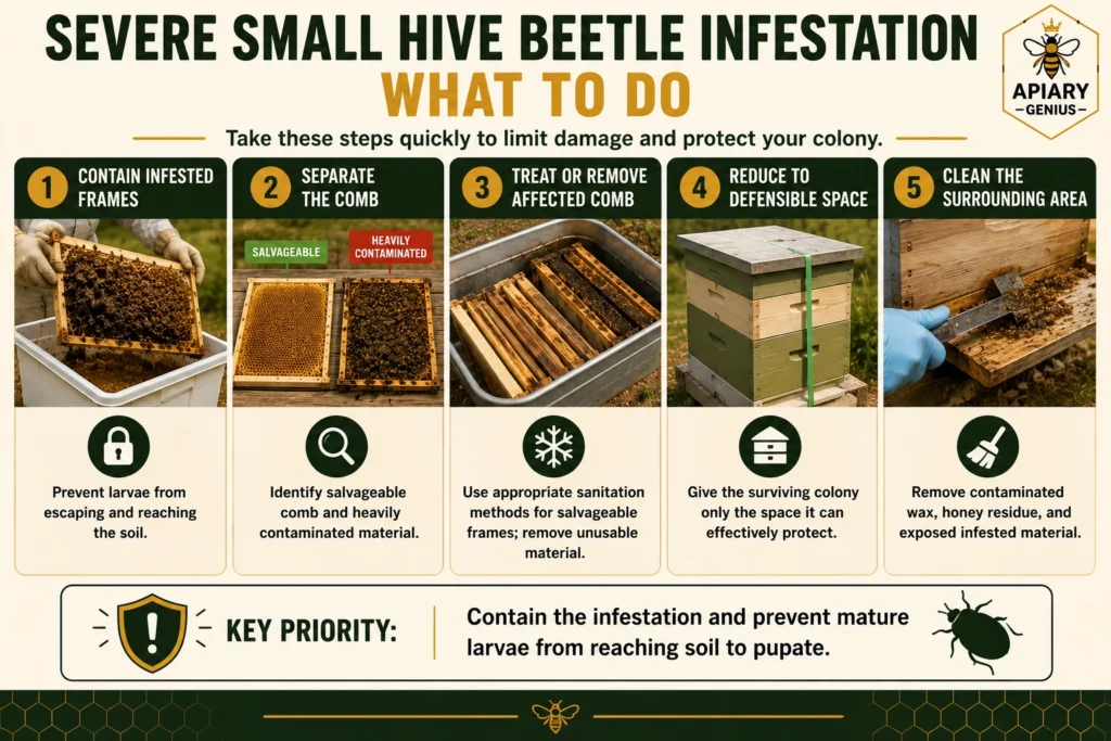 Severe small hive beetle infestation management steps for protecting a bee colony