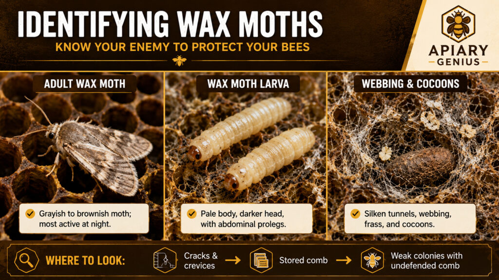 Wax moth identification showing adult moth, larvae, webbing, and cocoons