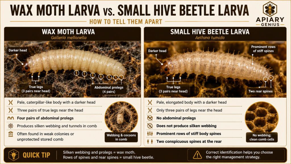 Wax moth larva vs small hive beetle larva showing key identification differences