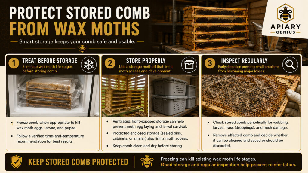 Protect stored comb from wax moths with proper storage, freezing, and regular inspection