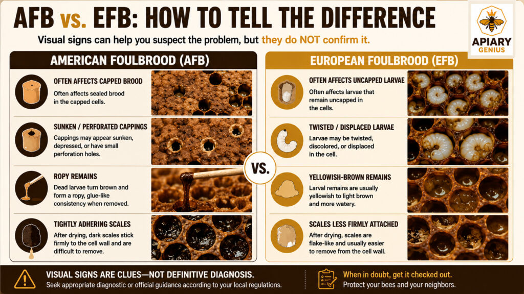 American foulbrood vs European foulbrood visual comparison