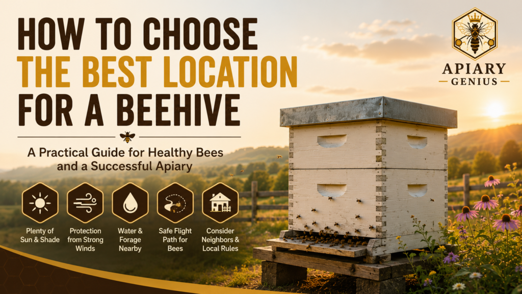 Best location for a beehive with sun, wind protection, water, forage, and a safe flight path