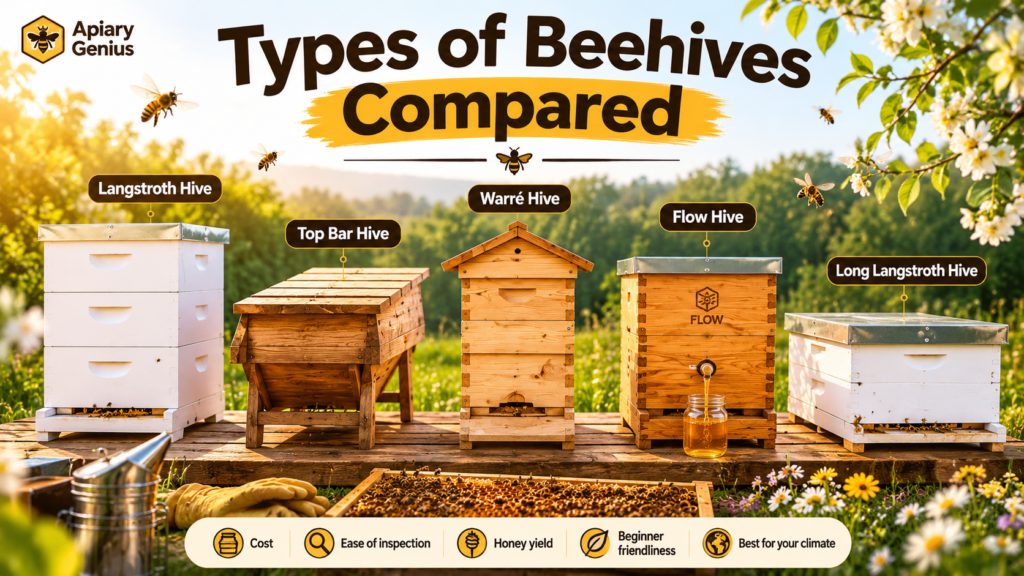 Types of beehives compared: Langstroth, Top Bar, Warré, Flow, and Long Langstroth hives