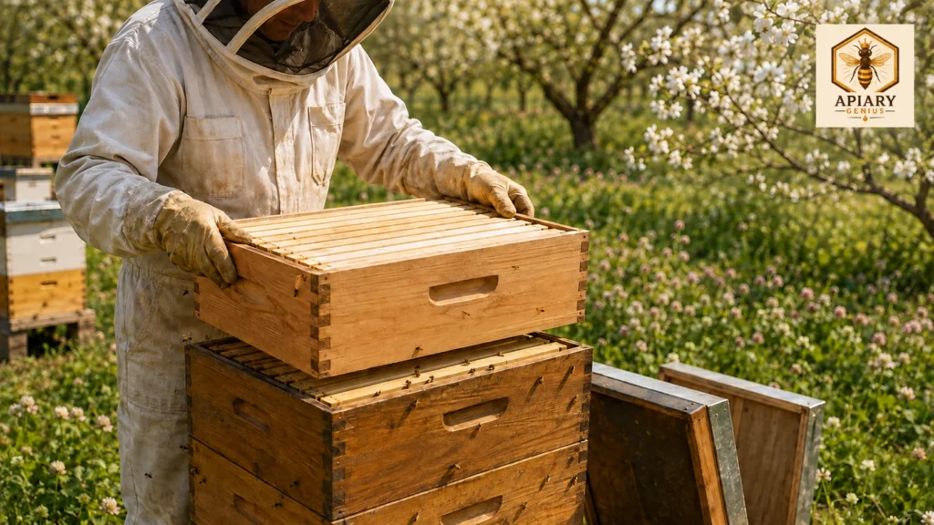 Beekeeper demonstrating when to add a honey super during a spring nectar flow
