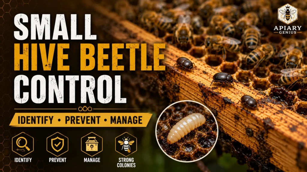 Small hive beetle control showing adult beetles and larva in a honey bee colony