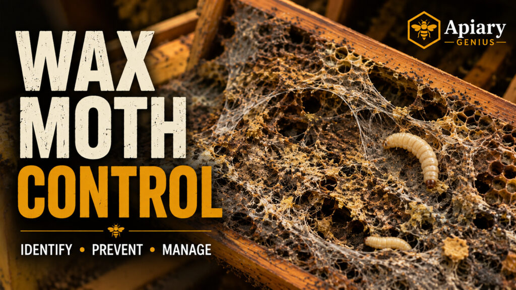 Wax moth control showing larvae and webbing on damaged honeycomb