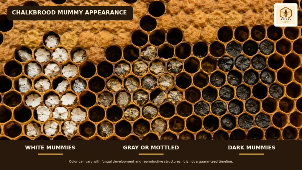 White, gray, mottled, and dark chalkbrood mummies in honey bee brood cells
