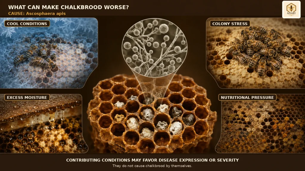 Ascosphaera apis and conditions that may worsen chalkbrood in honey bee colonies