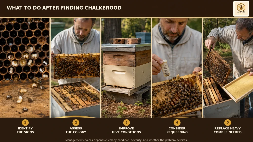 Five management steps after finding chalkbrood in a honey bee colony