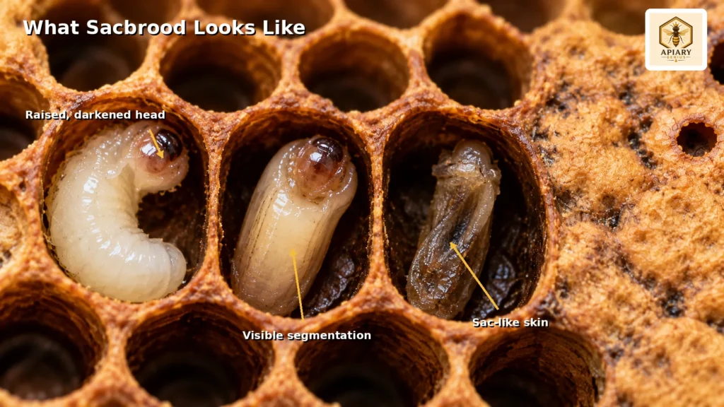 Sacbrood-infected honey bee larvae showing a raised darkened head, visible segmentation, and sac-like skin