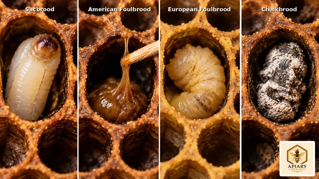 Sacbrood compared with American foulbrood, European foulbrood, and chalkbrood in honey bee larvae
