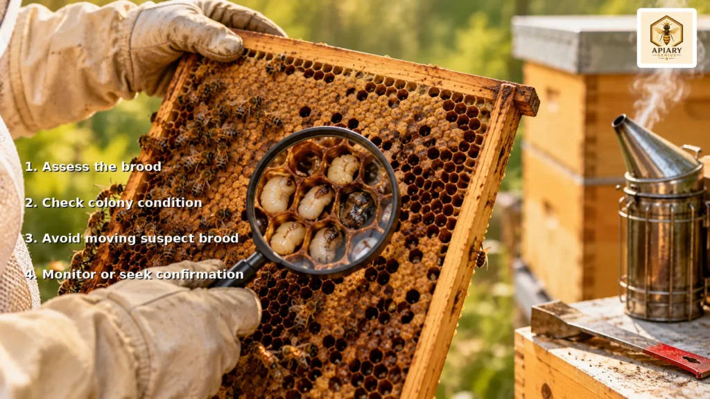 Beekeeper inspecting brood after finding suspected sacbrood in a honey bee colony