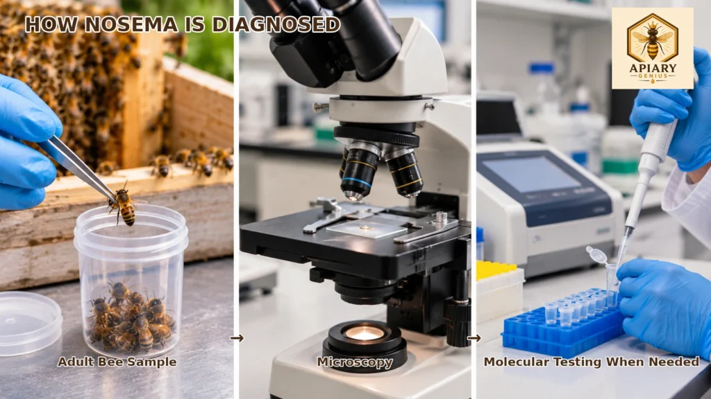 How Nosema in honey bees is diagnosed using bee sampling, microscopy, and molecular testing