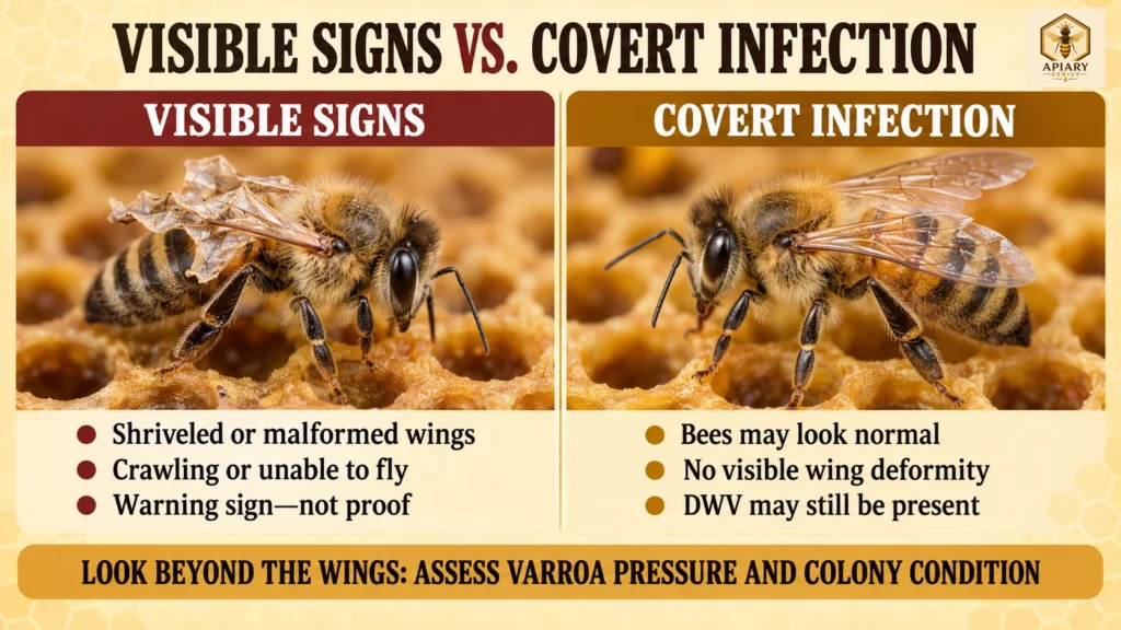 Visible signs versus covert infection with deformed wing virus in honey bees