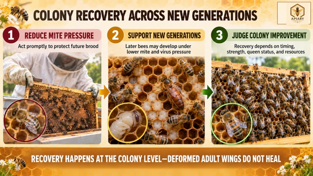 Colony recovery from deformed wing virus across new honey bee generations