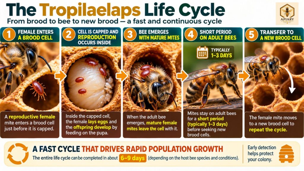Tropilaelaps mite life cycle in honey bee brood