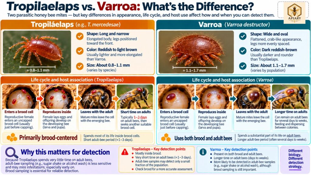 Tropilaelaps vs Varroa mites comparison and detection differences