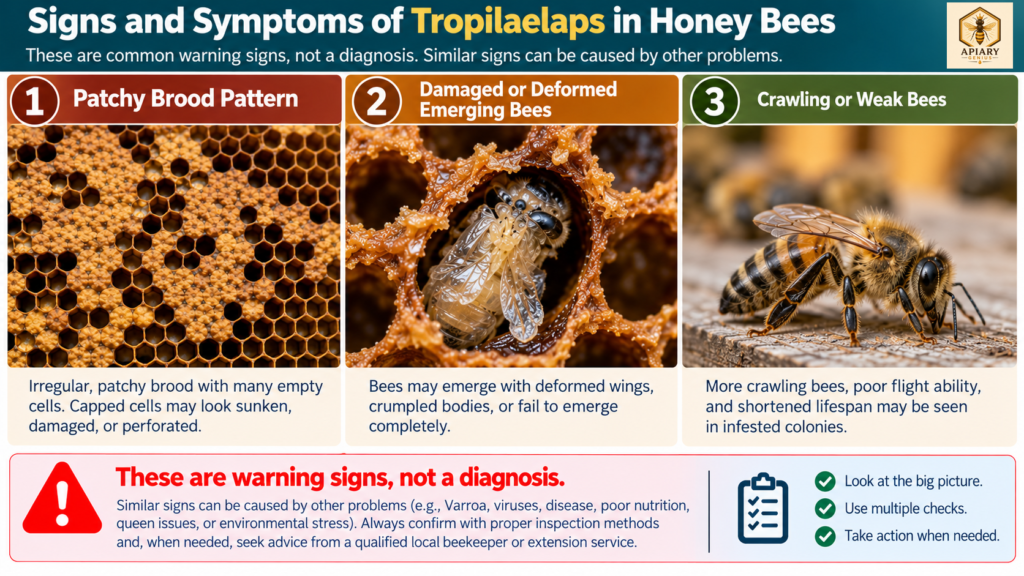 Signs and symptoms of Tropilaelaps mites in honey bees