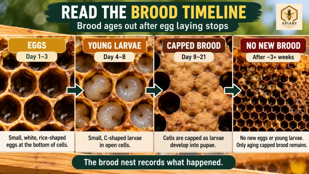 Honey bee brood timeline showing eggs, young larvae, capped brood, and no new brood in a suspected queenless hive