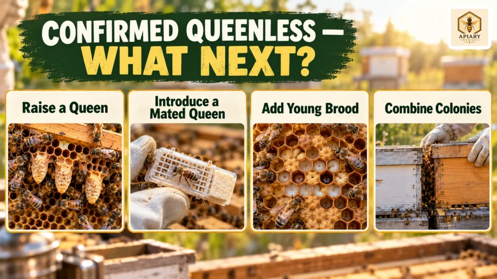 Four management options for a confirmed queenless hive: raise a queen, introduce a mated queen, add young brood, or combine colonies