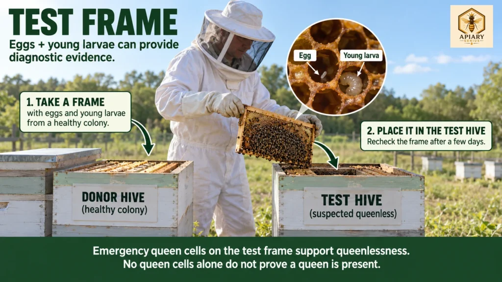 Beekeeper adding a test frame with eggs and young larvae to help diagnose a suspected queenless hive