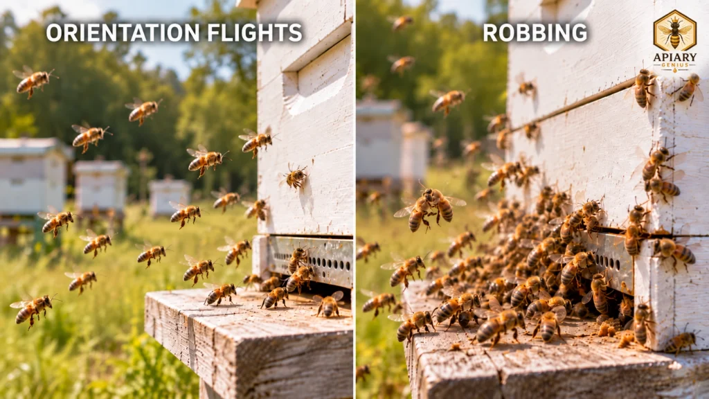 Robbing bees vs orientation flights at a beehive entrance