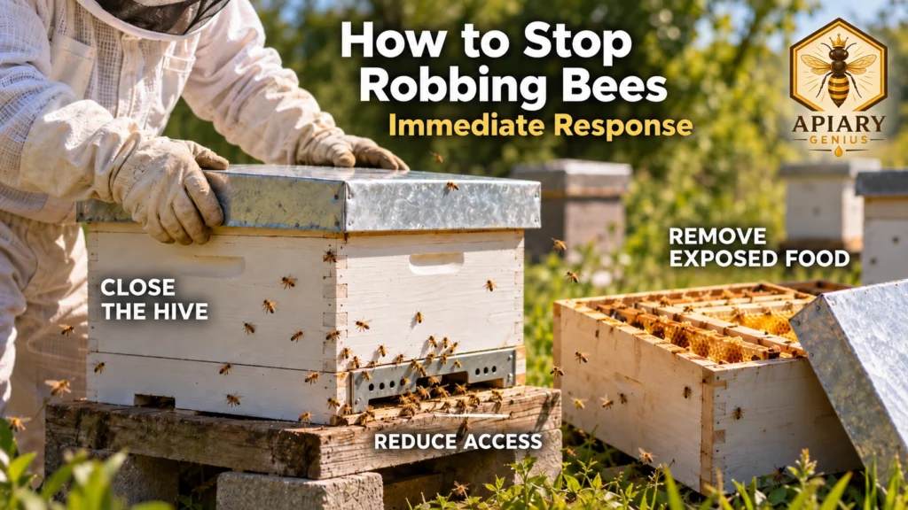 How to stop robbing bees by closing the hive, removing exposed food, and reducing access